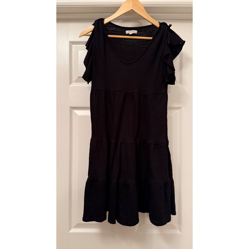 Max Studio Dress Womens XS Black Tiered Ruffle Sleeve V-Neck Gauze Mini